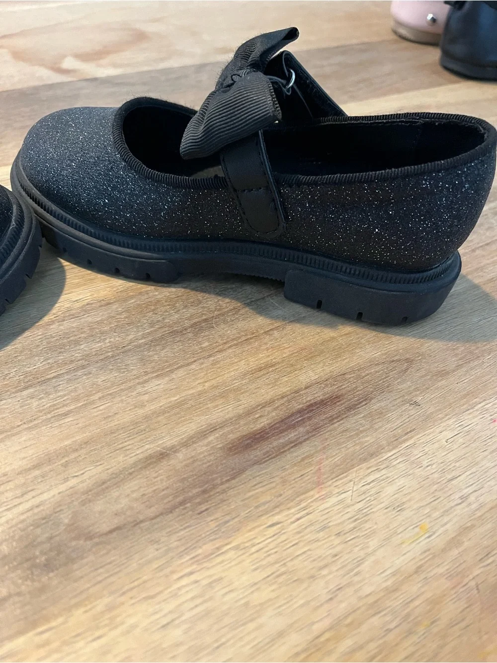 Girls' Black Glitter Mary Jane Shoes with Bow Accent